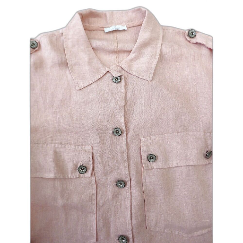 LiNeN Baci Italy Blush Pink Shacket Shirt Large Button Flap Pockets Button Front